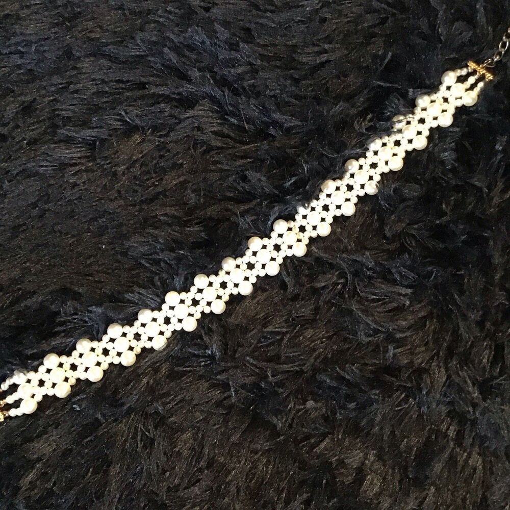 Multi Strand Faux Pearl Choker Collar Necklace 15” Adjustable Vintage